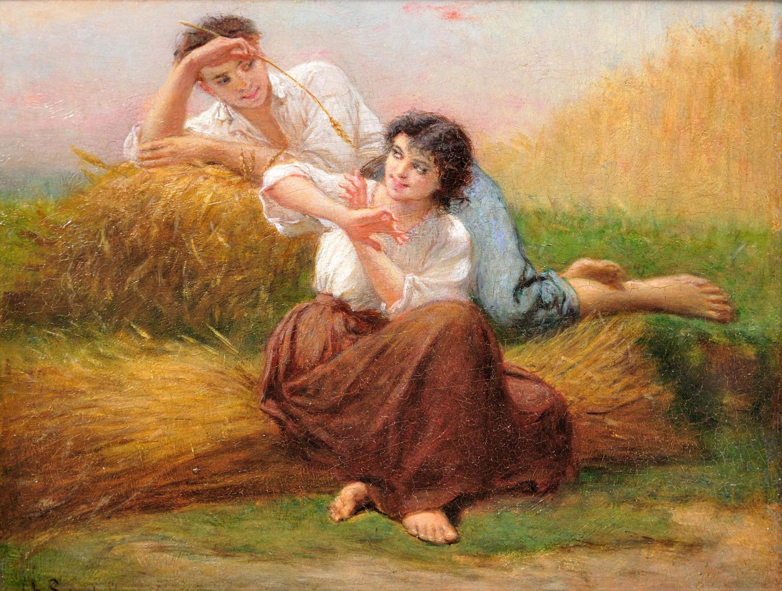 Charles Zacharie Landelle 1821 To 1908. I Ask You For A Caress And You Tickle Me. Framed 1860s Romantic French Oil Painting. Young Lovers In Summer. photo furniture