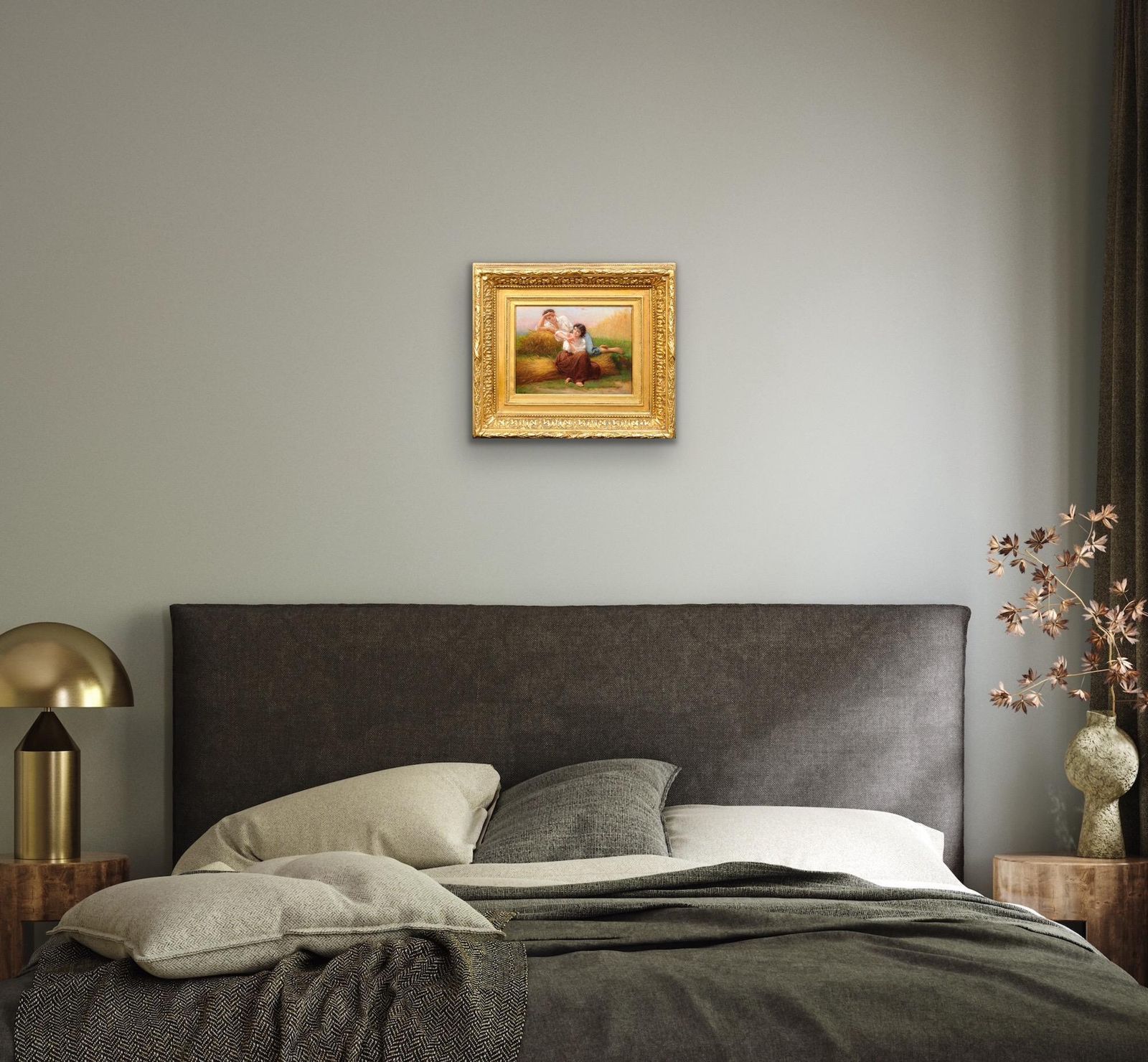 photo furniture Charles Zacharie Landelle 1821 To 1908. I Ask You For A Caress And You Tickle Me. Framed 1860s Romantic French Oil Painting. Young Lovers In Summer.