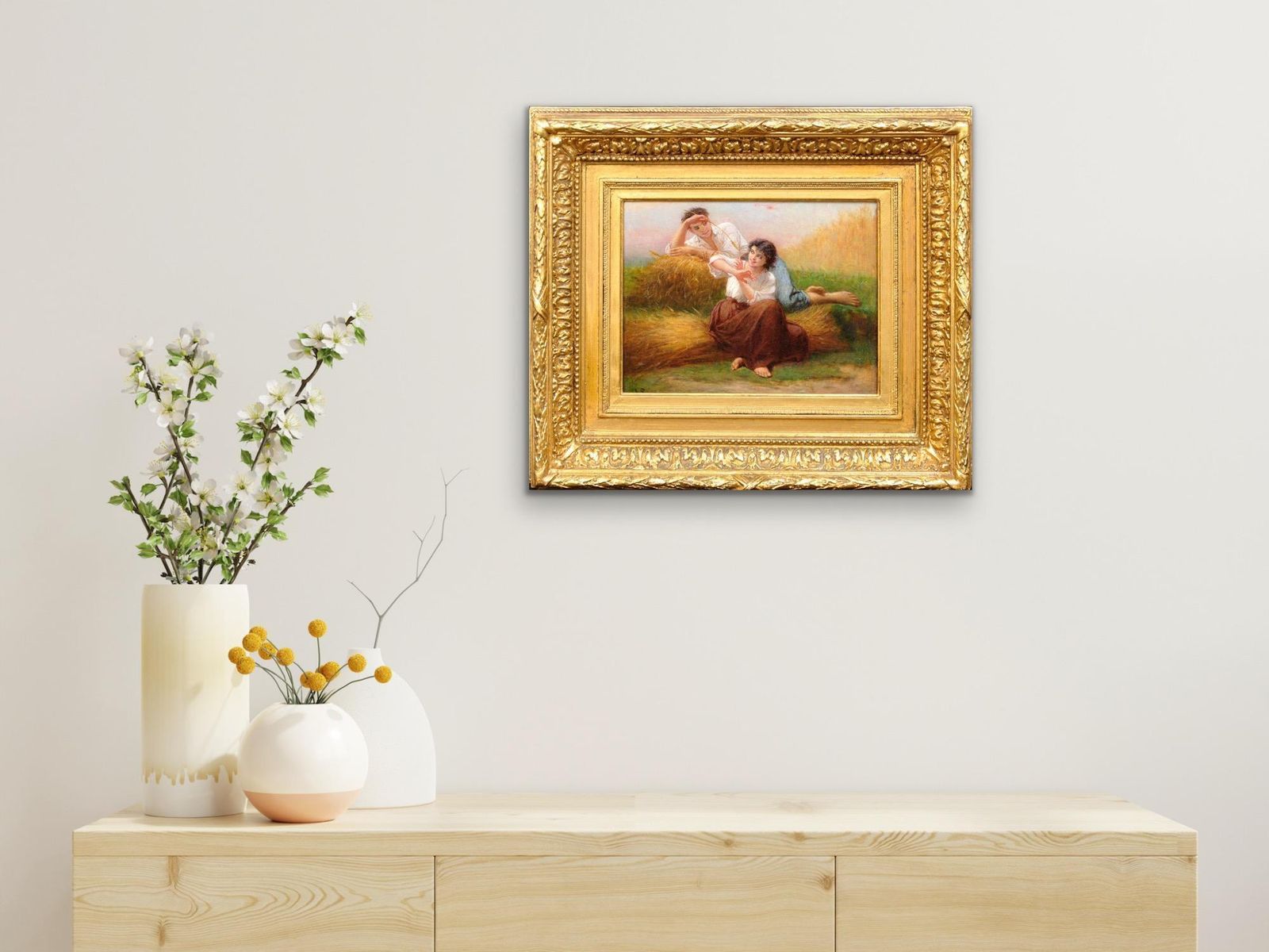 photo vintage Charles Zacharie Landelle 1821 To 1908. I Ask You For A Caress And You Tickle Me. Framed 1860s Romantic French Oil Painting. Young Lovers In Summer.