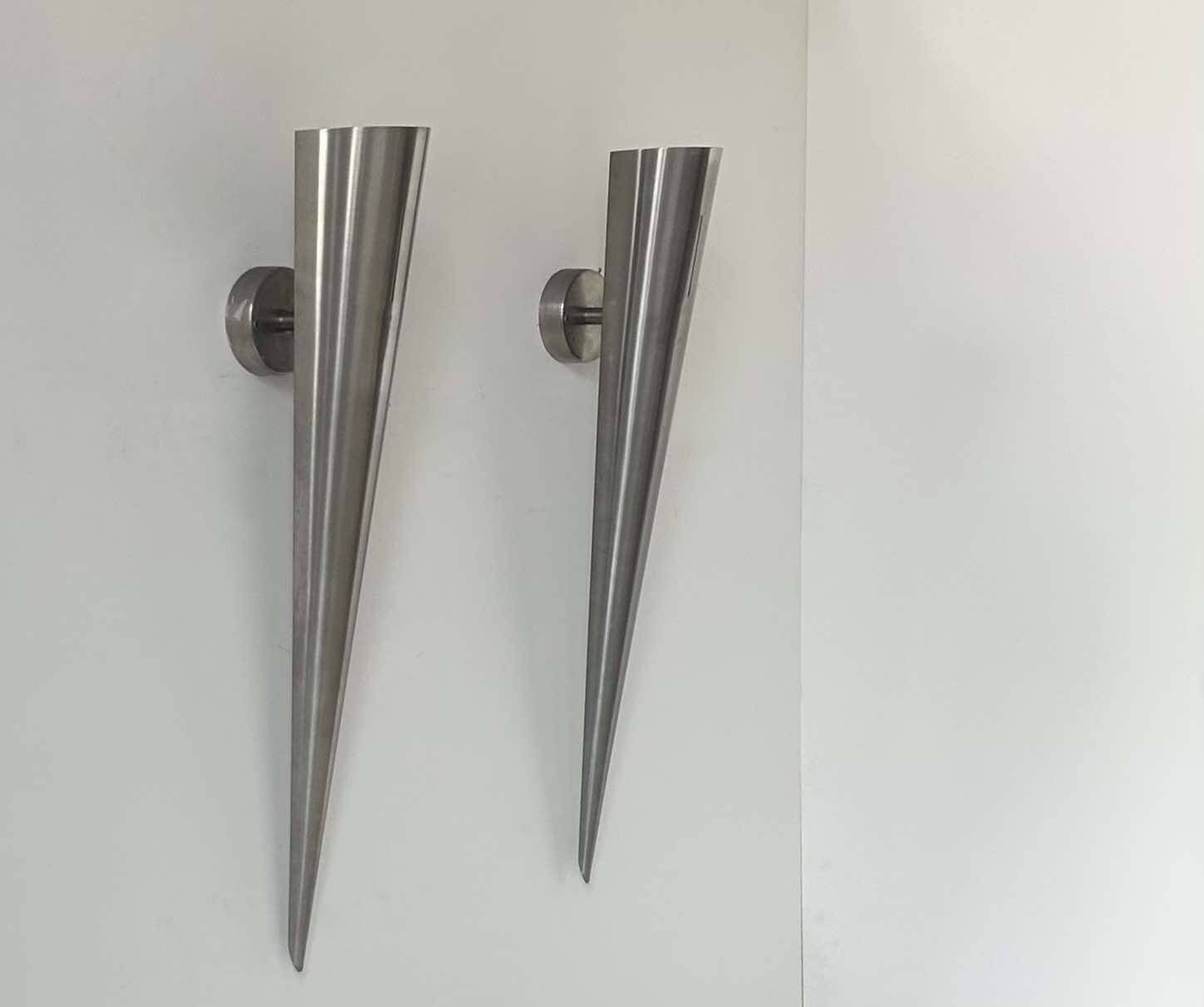 Pair Of Vintage Xl Wall Lights, Brushed Curved Metal, France 1980 photo Lighting
