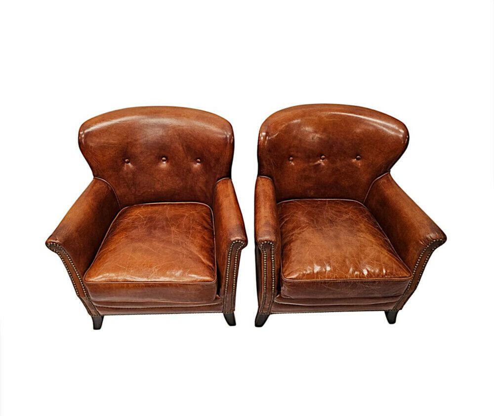 A Stunning Pair Of Small Leather Club Armchairs In The Art Deco Style photo vinterior