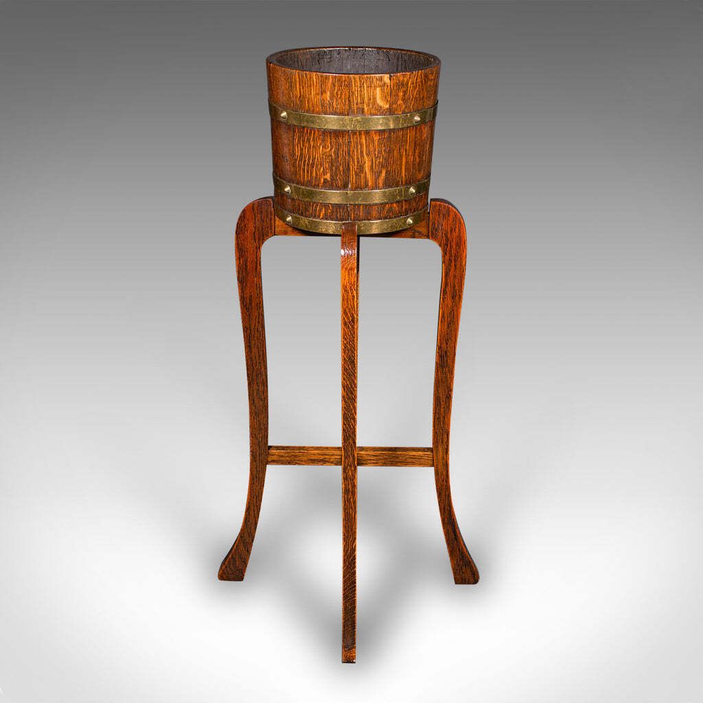 Antique Coopered Barrel Jardiniere Stand, English Oak, Brass, Planter, Edwardian photo for sale