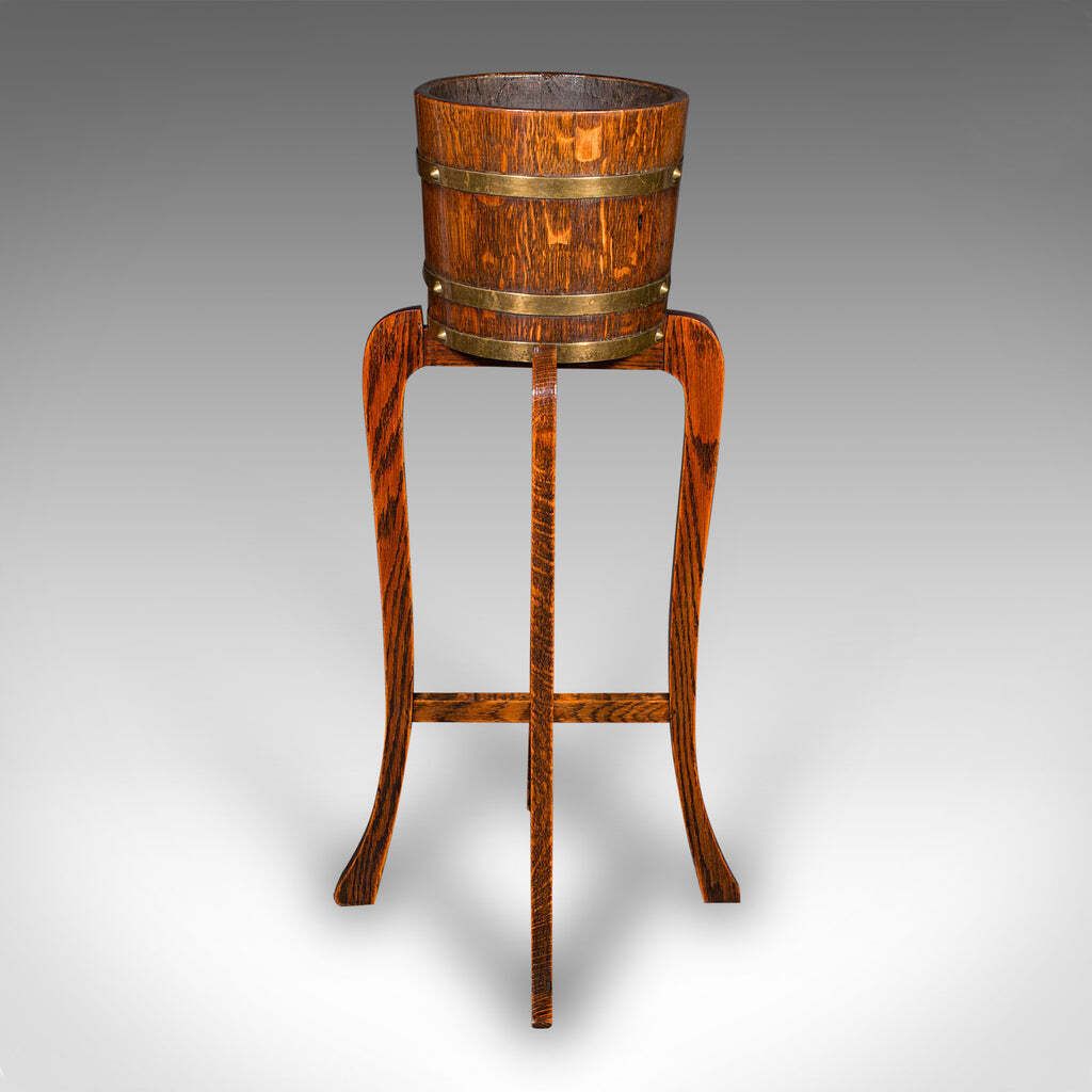 Antique Coopered Barrel Jardiniere Stand, English Oak, Brass, Planter, Edwardian photo Home Decor