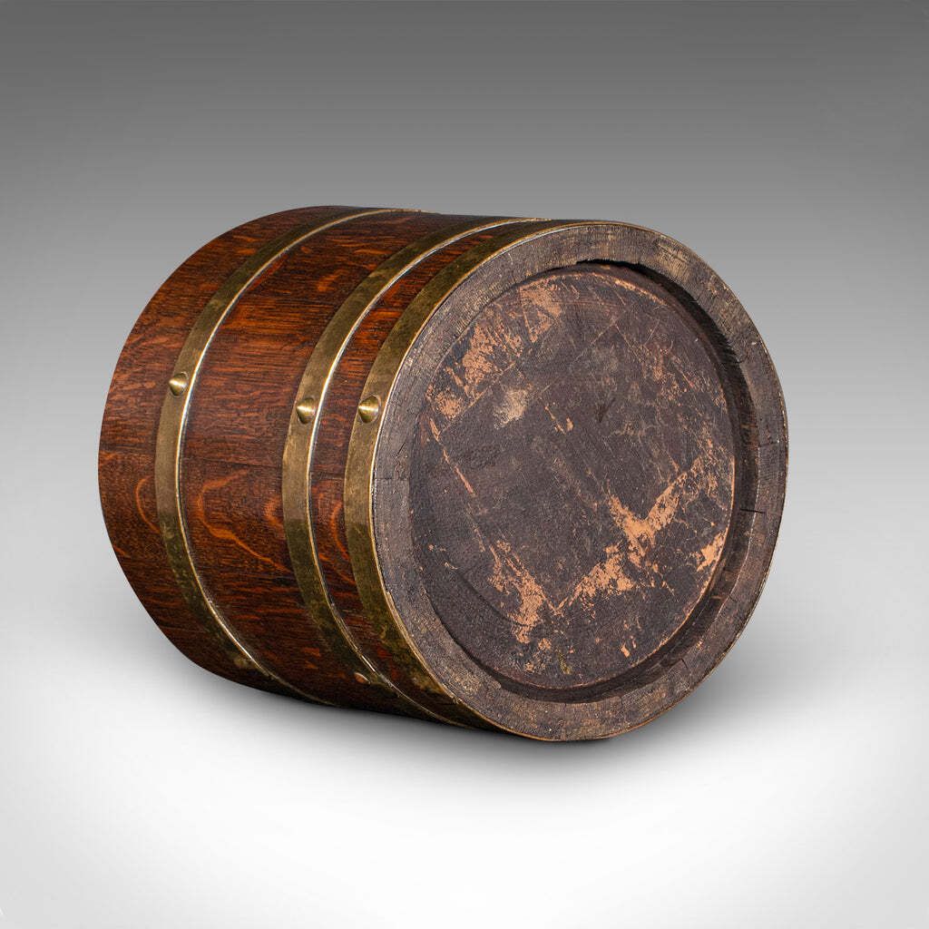 photo for sale Antique Coopered Barrel Jardiniere Stand, English Oak, Brass, Planter, Edwardian