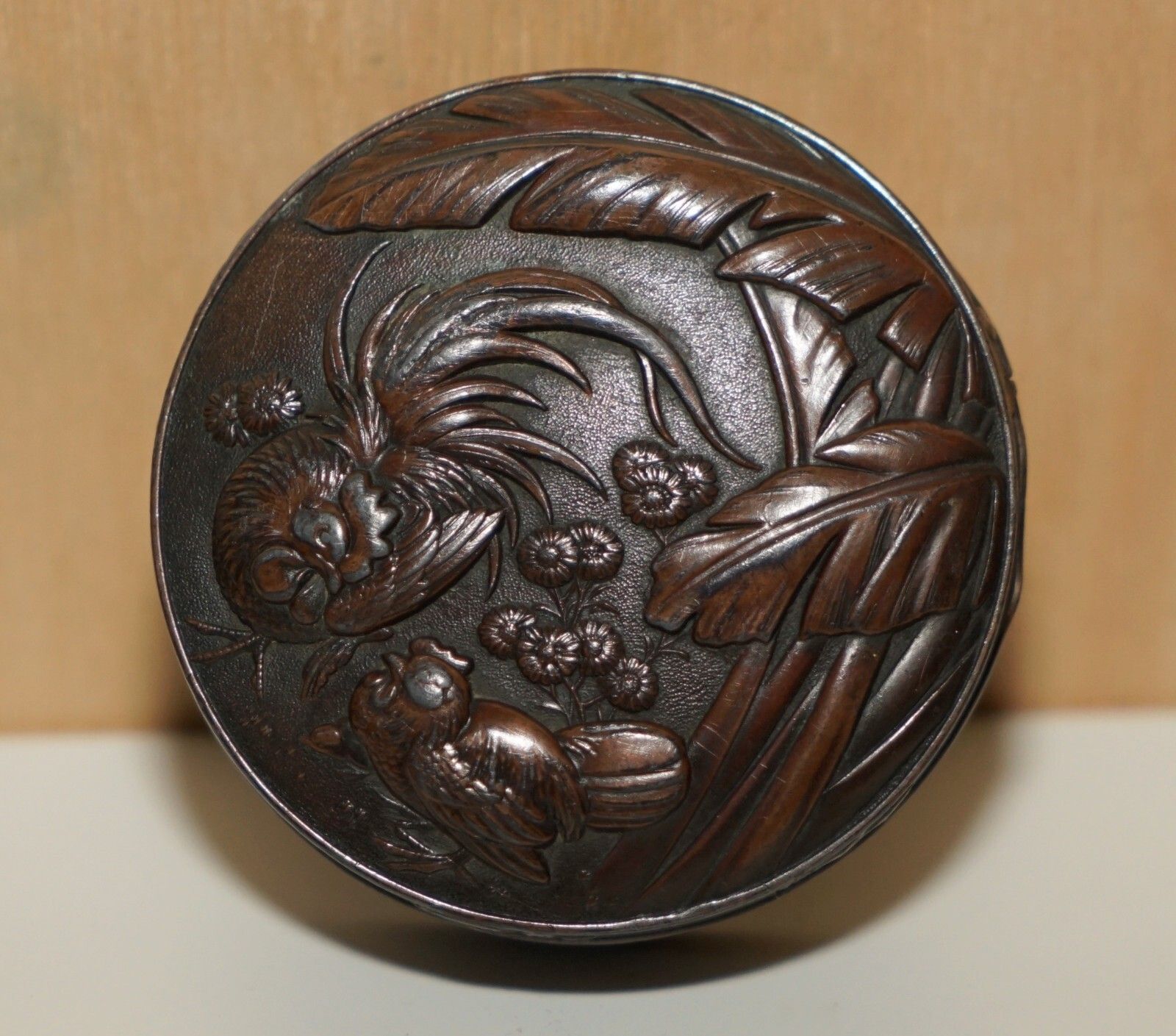 Small Antique Oriental Copper & Bronze Repousse Jewellery Box Depicting Chickens photo furniture