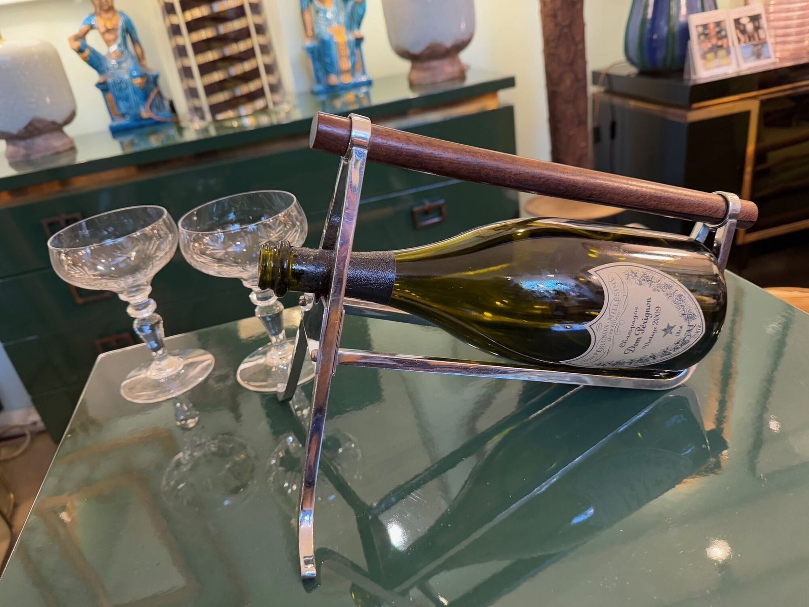 780.0 A 1950s Jaques Adnet Chrome And Rosewood Bottle Holder For Christolfe photo