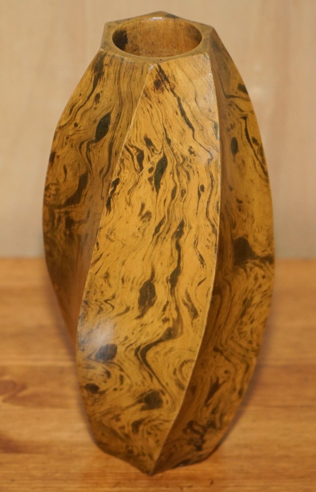 Lovely Ornately Sculpted Olive Wood Spiral Flower Vase Must See Timber Patina! photo furniture