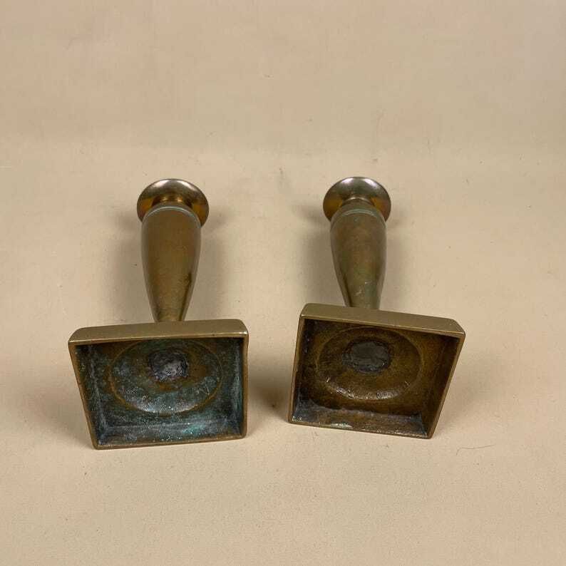 Antique Matching Pair Of Gold Brass Metal Candlestick Candle Stick Vintage Column Taper Dinner Candlesticks Square Base Column Pillar photo 69.0