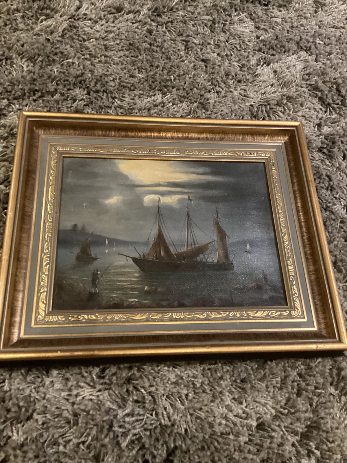 photo furniture Oil Painting Signed Gutin Fishing By Lamplight