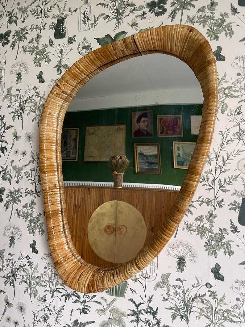 Irregular Shaped Rattan Cane Framed Wall Mirror, Midcentury Modern, Bathroom, Bedroom, Hallway Mirror photo Home Decor