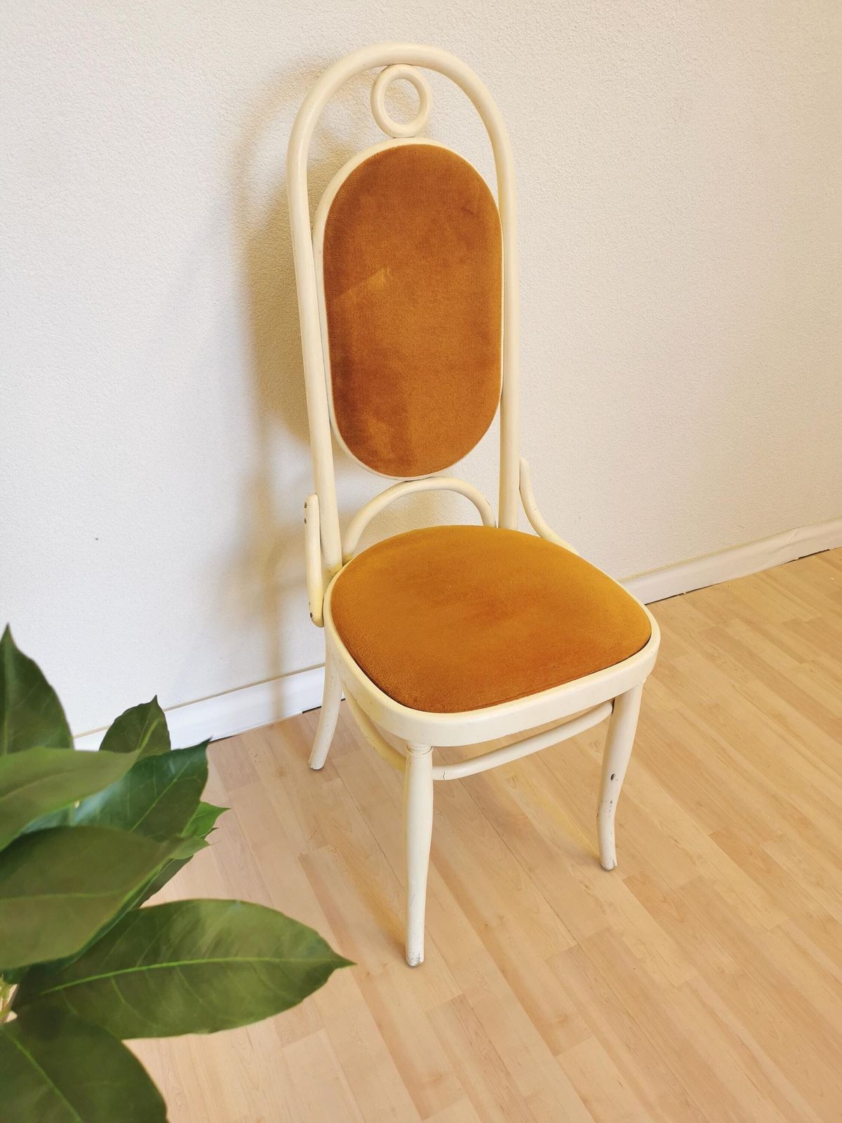 Vintage High Backrest Dine Chair / Thonet White Wooden Bentwood Dining Chair With Yellow Fabric / 1970s Yugoslavia / Mid Century Dining Room