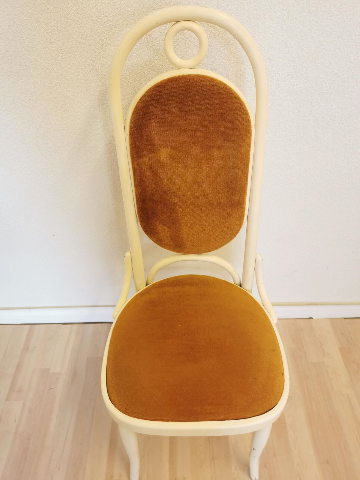 Vintage High Backrest Dine Chair / Thonet White Wooden Bentwood Dining Chair With Yellow Fabric / 1970s Yugoslavia / Mid Century Dining Room photo furniture