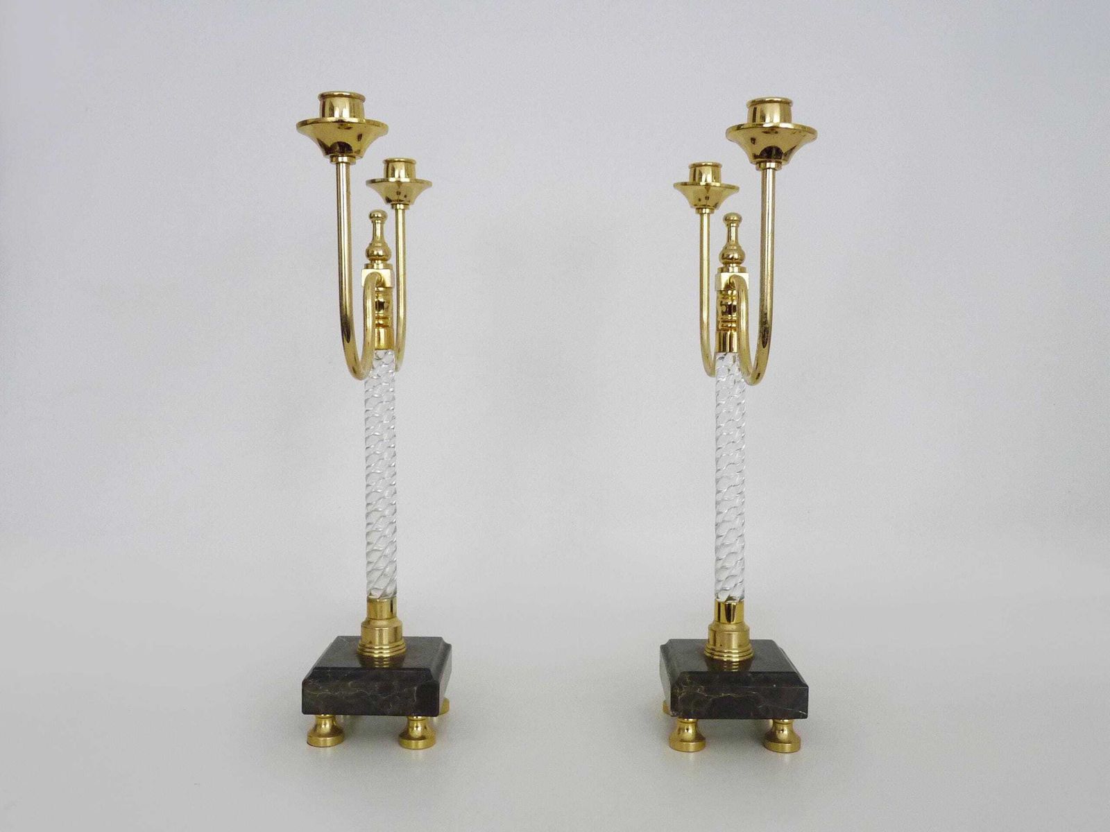 Pair Of Large Candlesticks, Restoration Style In Brass, Black Marble, Glass. 19th Century photo for sale