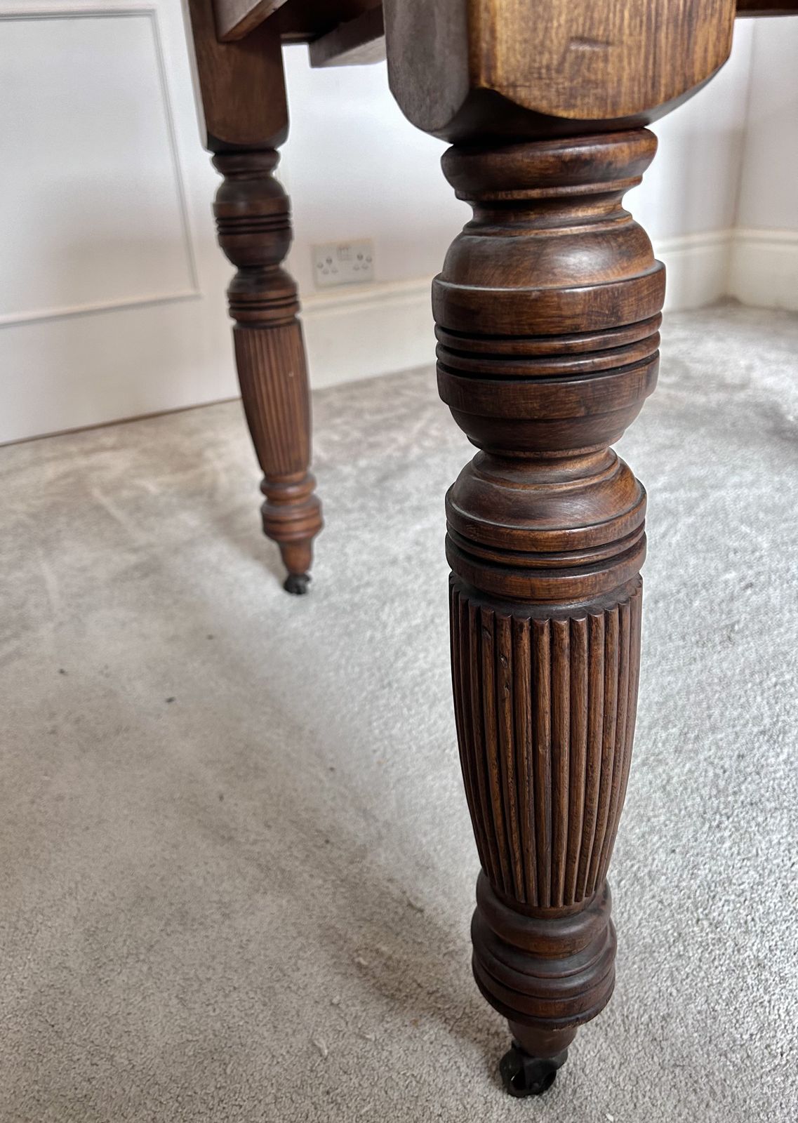 Victorian Farmhouse Table. Dark Stained Carved Wood. Original Castor Wheels photo 350.0