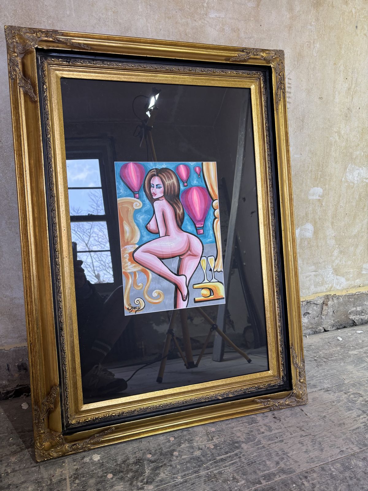 Original Erotic Pop Art Painting By Spacy Eva In Vintage Frame photo furniture