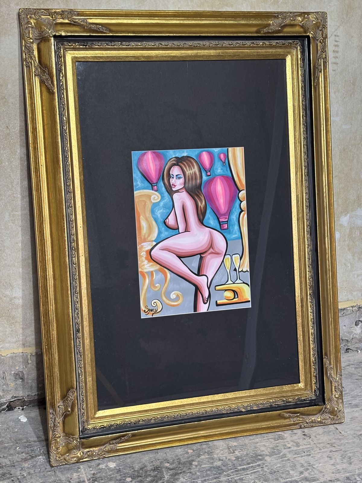 Original Erotic Pop Art Painting By Spacy Eva In Vintage Frame