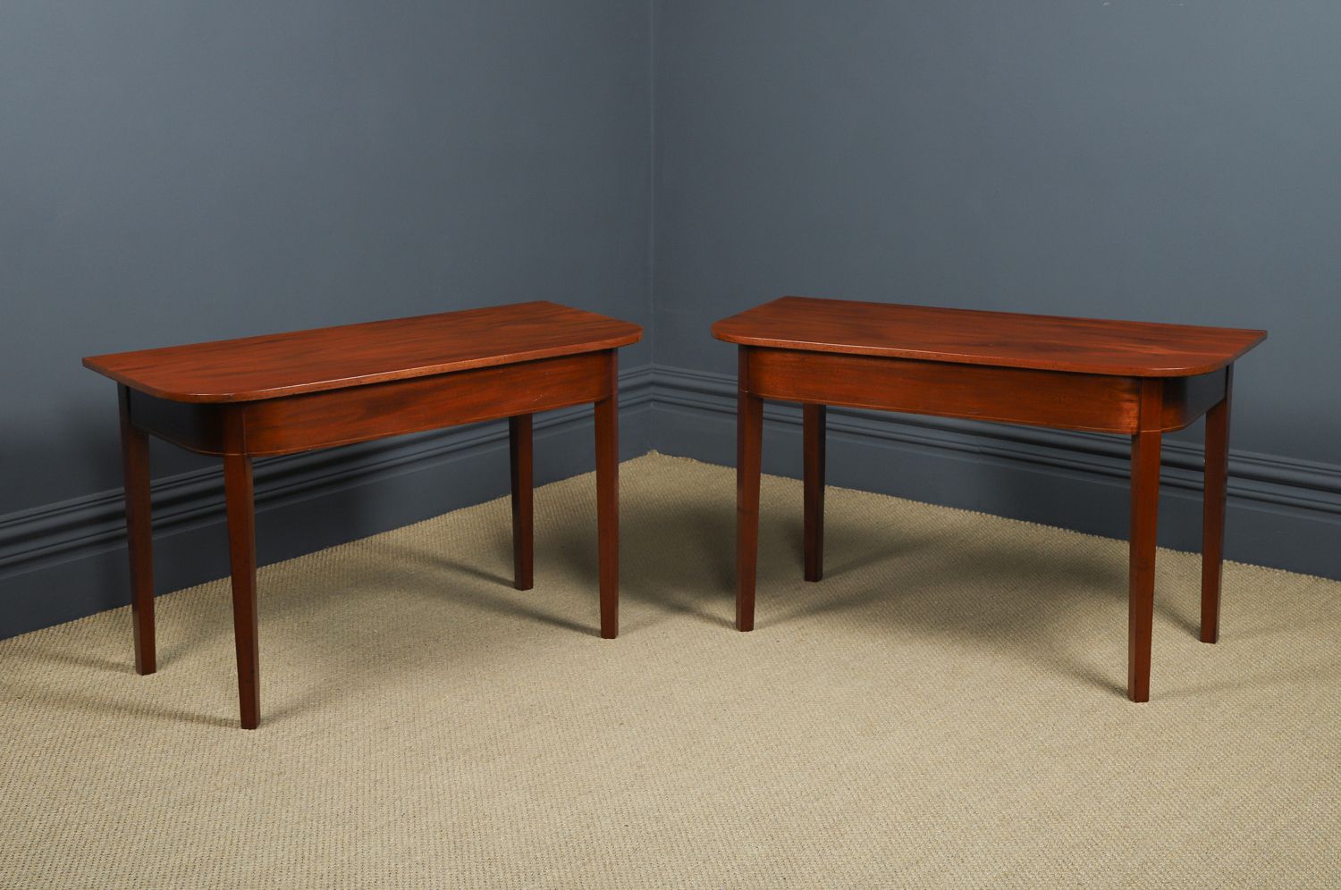 English Pair Of Georgian Mahogany Console Side Hall Occasional D Shaped End Tables (Circa 1800) photo furniture