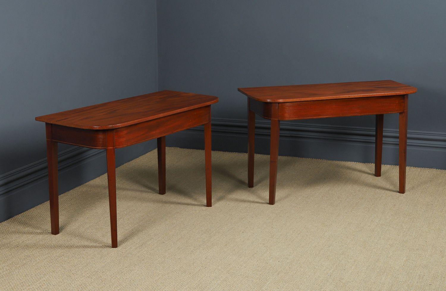 English Pair Of Georgian Mahogany Console Side Hall Occasional D Shaped End Tables (Circa 1800) photo for sale