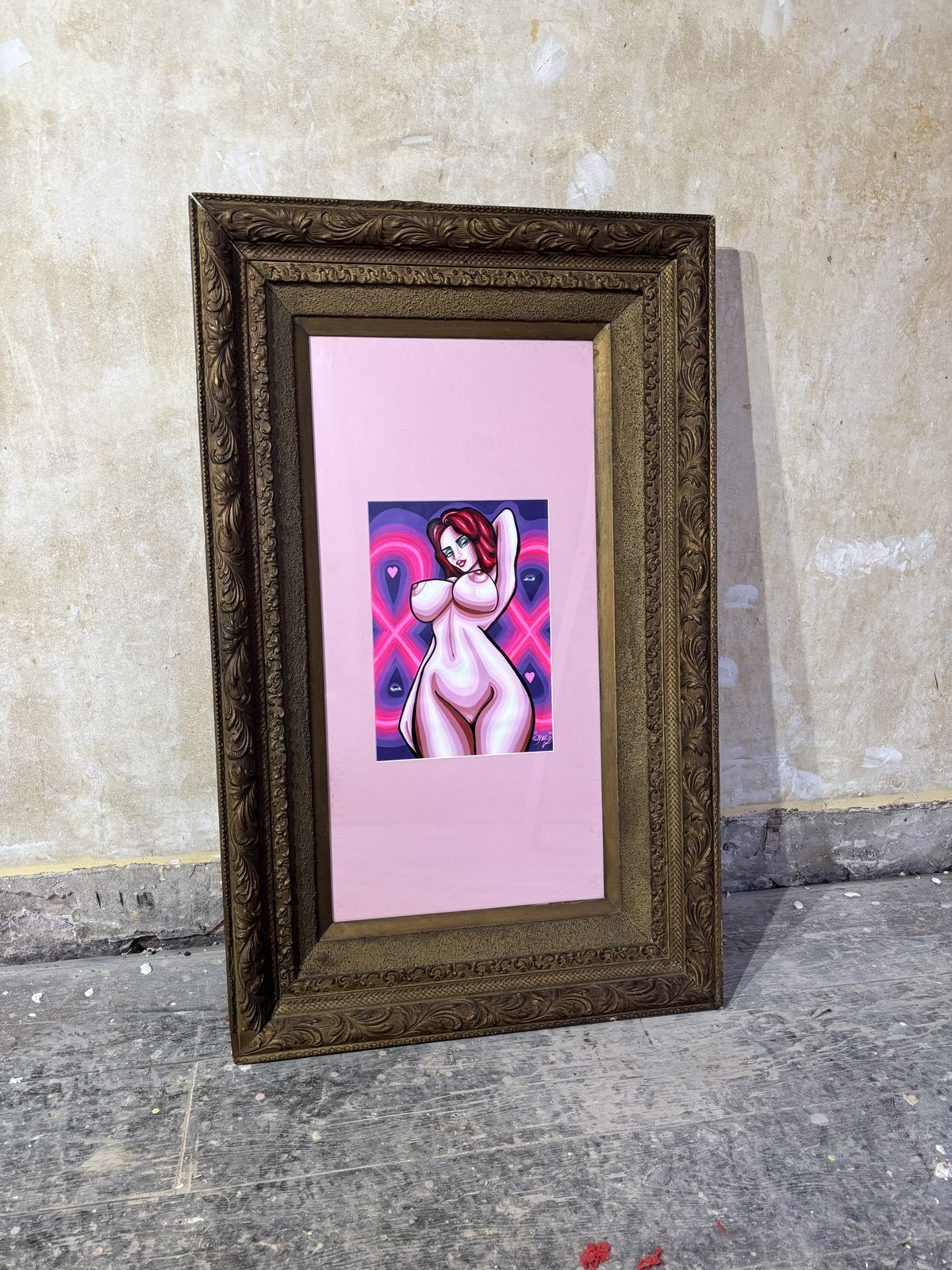 Original Erotic Pop Art Painting By Spacy Eva In Large Antique Frame photo furniture