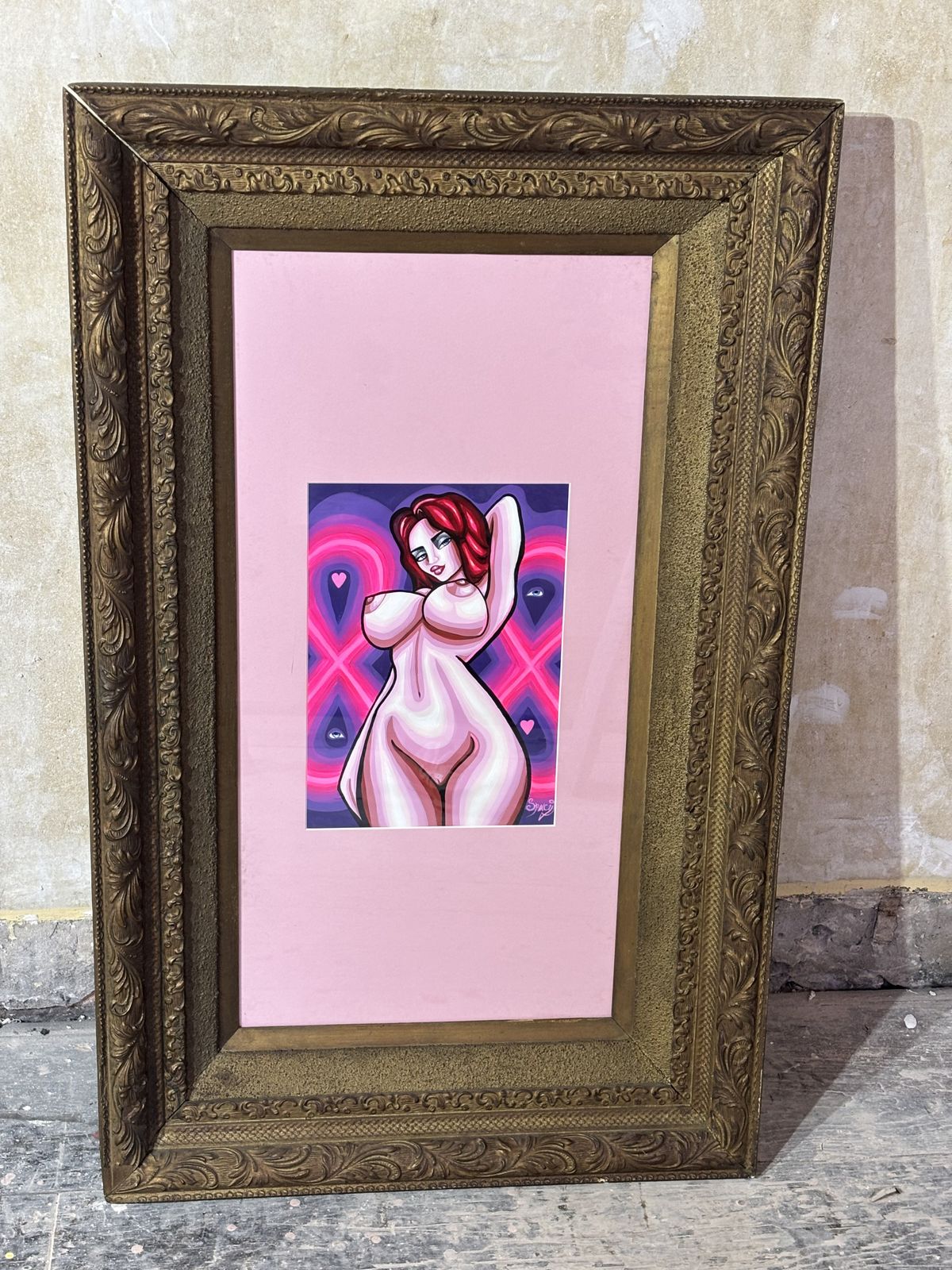 Original Erotic Pop Art Painting By Spacy Eva In Large Antique Frame