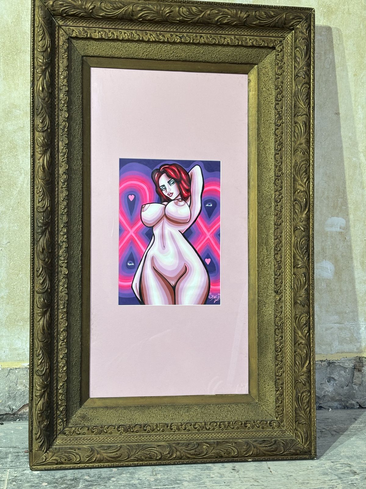 Original Erotic Pop Art Painting By Spacy Eva In Large Antique Frame photo vinterior