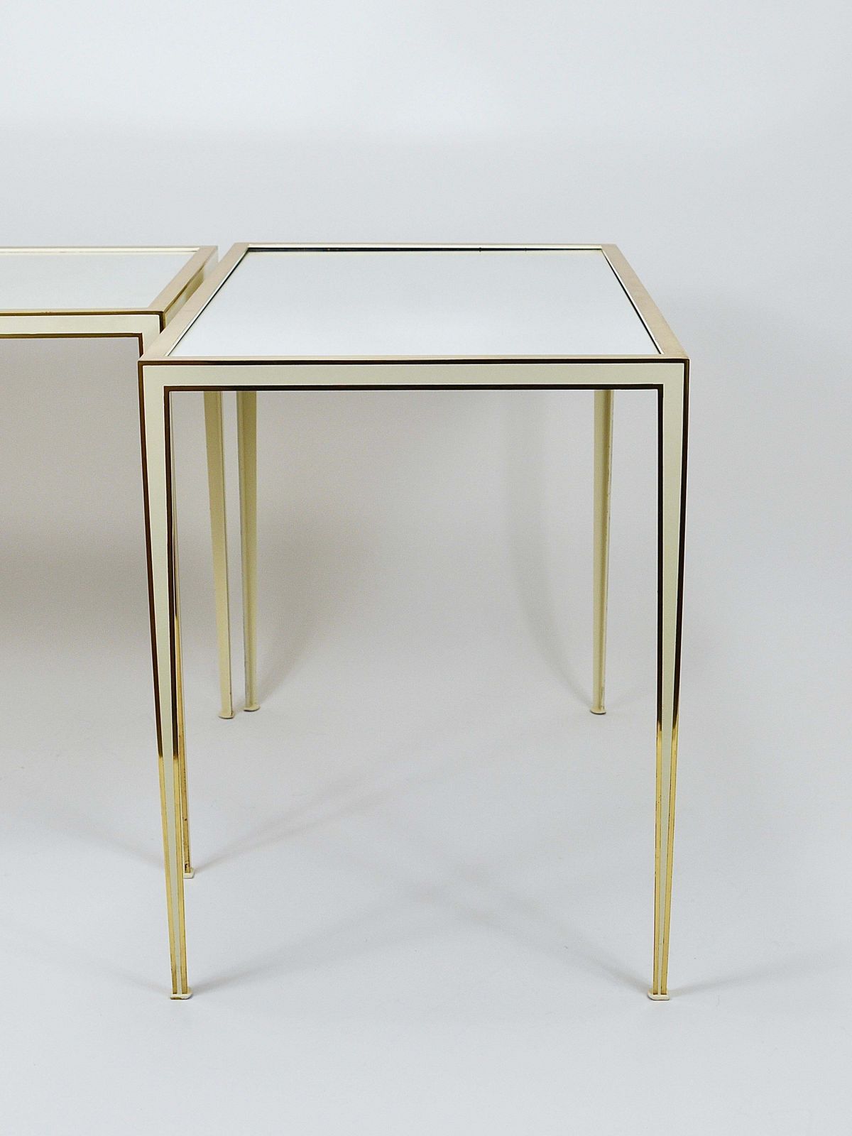 Furniture A Pair Of Vereinigte Werkstätten Brass & White Mirror Tables, Germany, 1970s photo