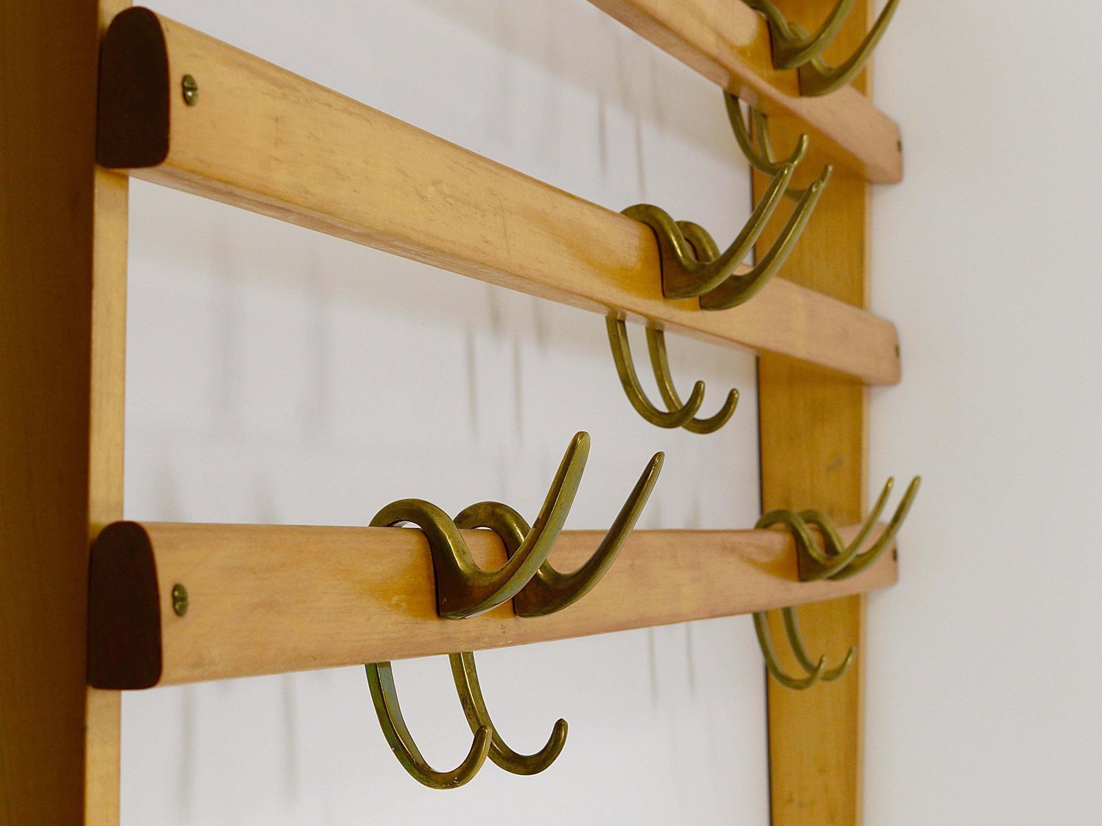 Large Carl Auböck Mid Century Coat Rack Beech Wardrobe With 8 Brass Hooks, 1950s photo for sale