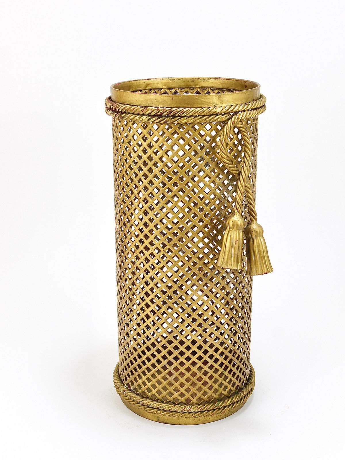 photo for sale Hollywood Regency Gilt Metal Rope & Tassel Umbrella Stand, Li Puma Firenze, 1950