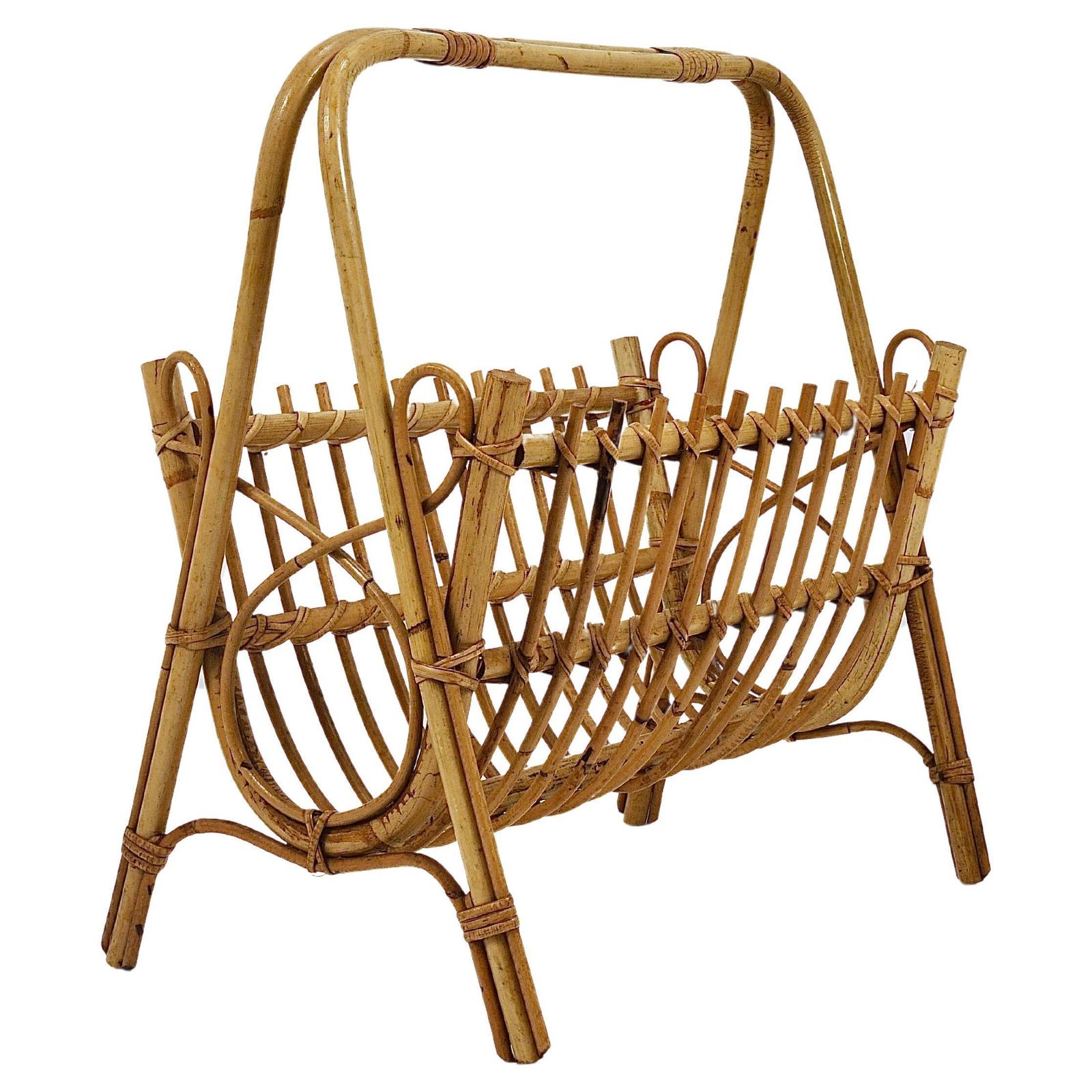 Franco Albini Style Rattan Bamboo Magazine Rack Newspaper Stand, France, 1950s