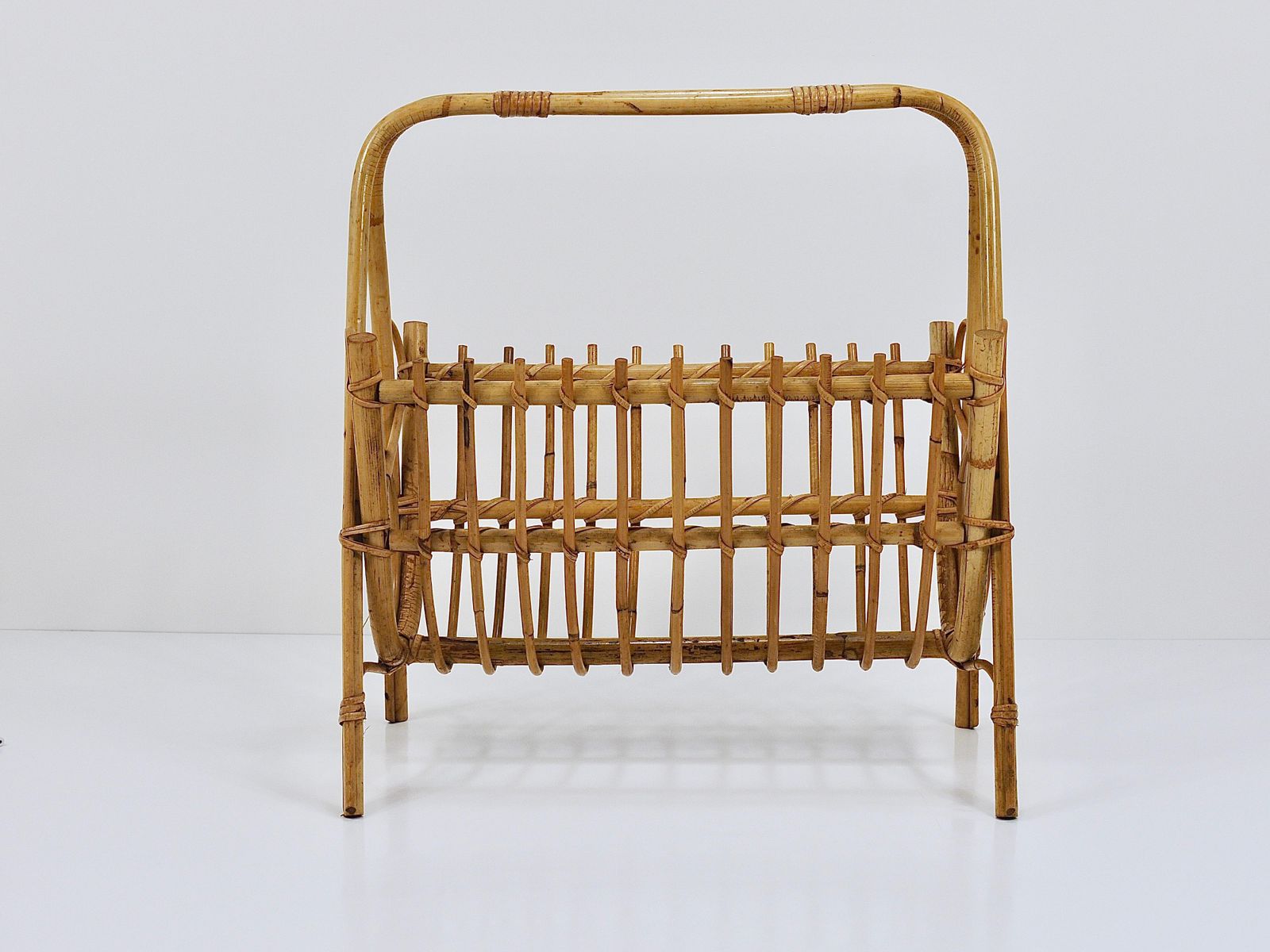 Franco Albini Style Rattan Bamboo Magazine Rack Newspaper Stand, France, 1950s photo furniture
