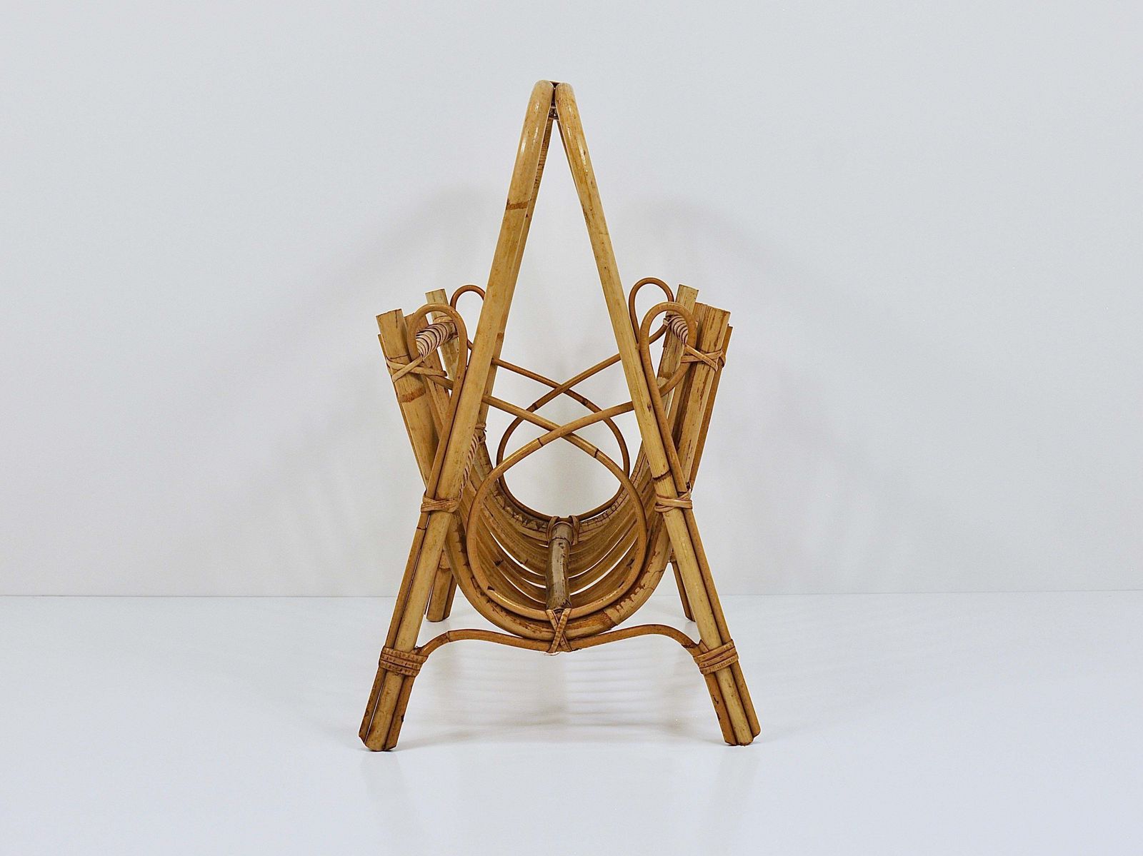 Franco Albini Style Rattan Bamboo Magazine Rack Newspaper Stand, France, 1950s photo for sale