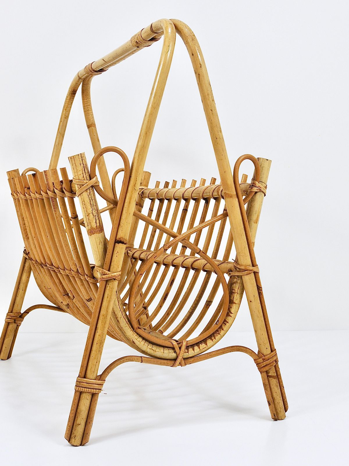 photo furniture Franco Albini Style Rattan Bamboo Magazine Rack Newspaper Stand, France, 1950s