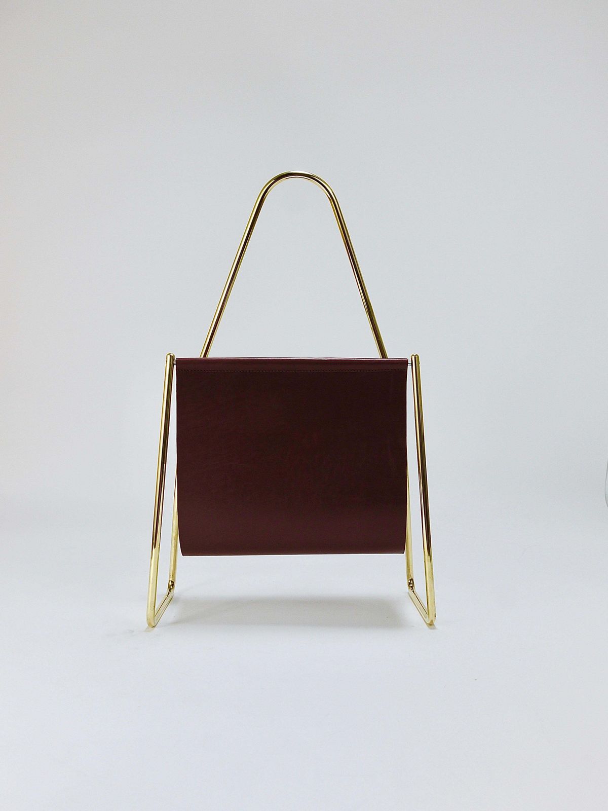 Carl Auböck II Midcentury Magazine Rack, Brass & Brown Leather, Vintage, Austria photo vinterior