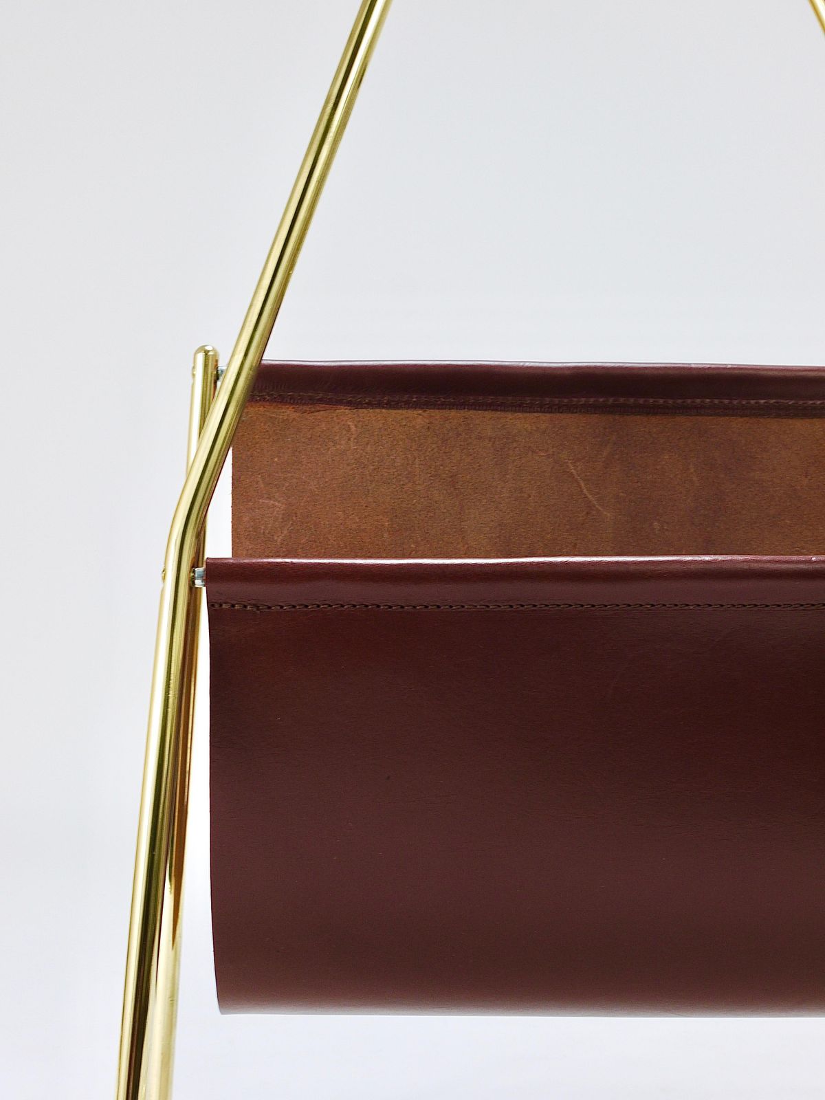 photo furniture Carl Auböck II Midcentury Magazine Rack, Brass & Brown Leather, Vintage, Austria