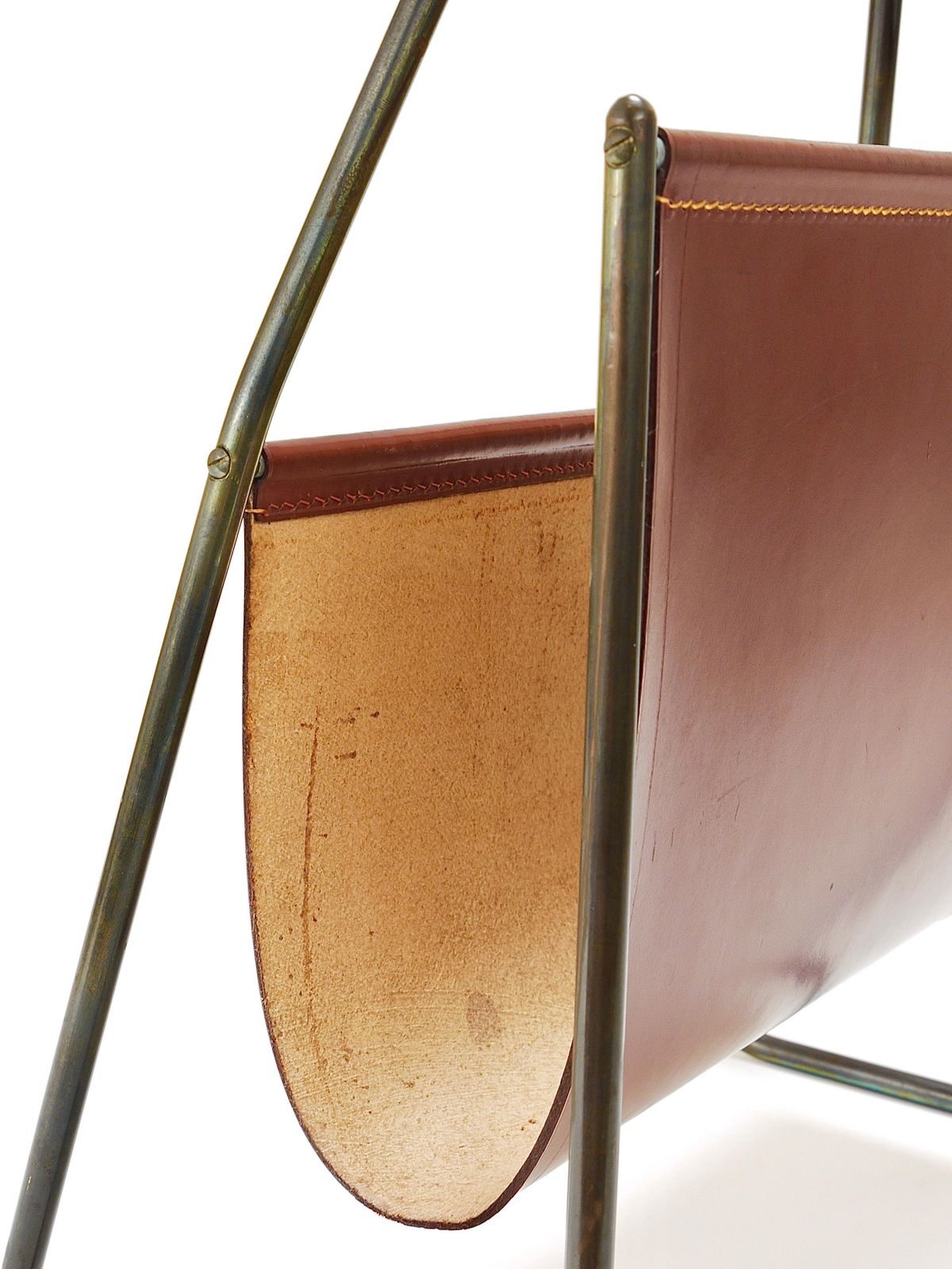 photo furniture Carl Auböck II Midcentury Magazine Rack, Brass & Brown Leather, Vintage, Austria