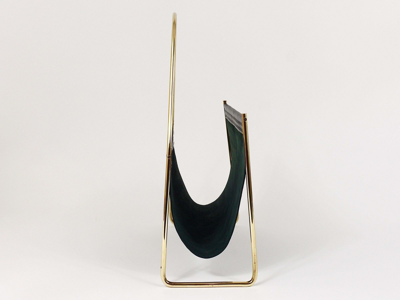 Austrian Modernist Midcentury Magazine Rack, Brass And Black Leather photo vinterior