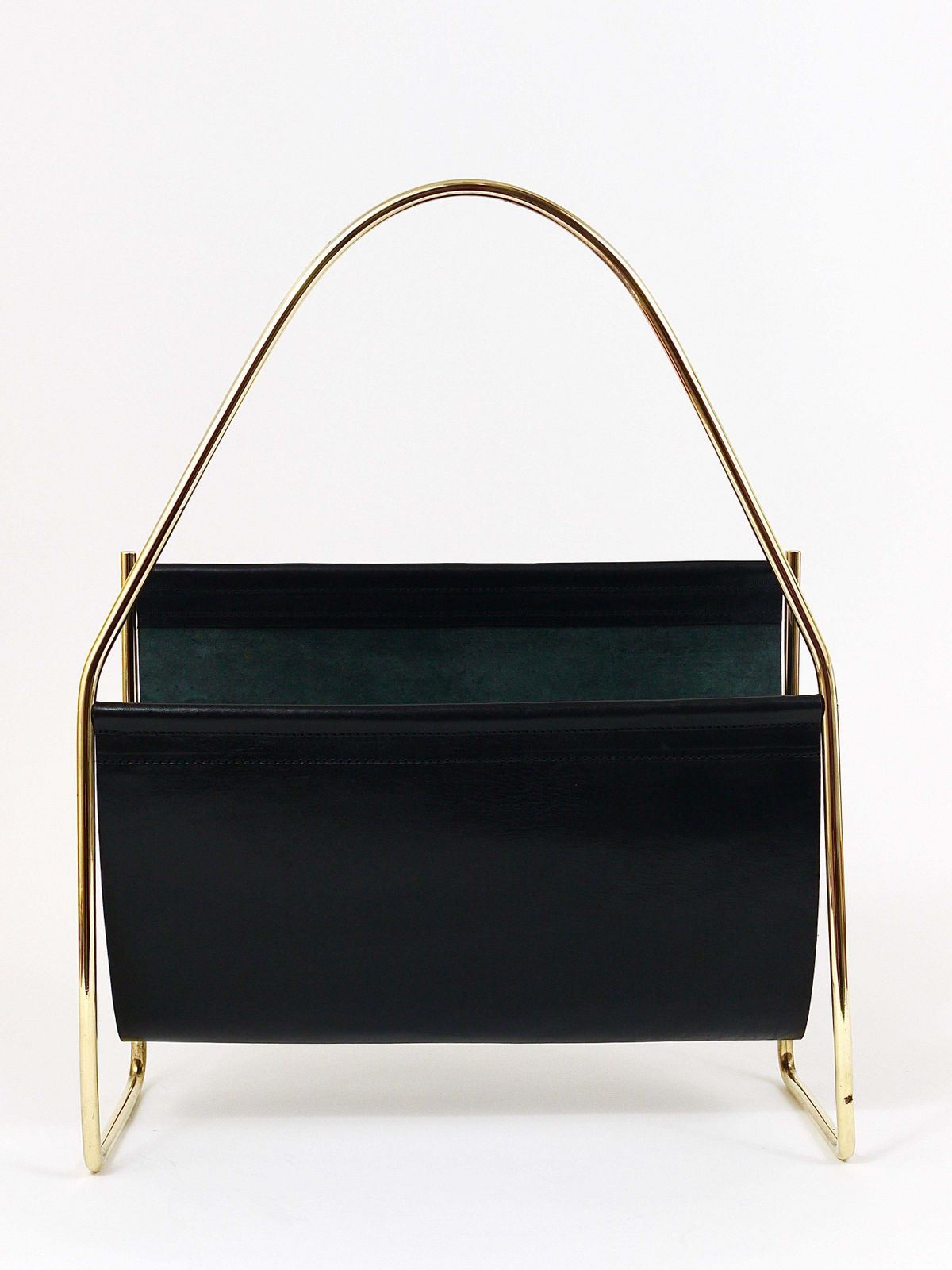photo vintage Austrian Modernist Midcentury Magazine Rack, Brass And Black Leather
