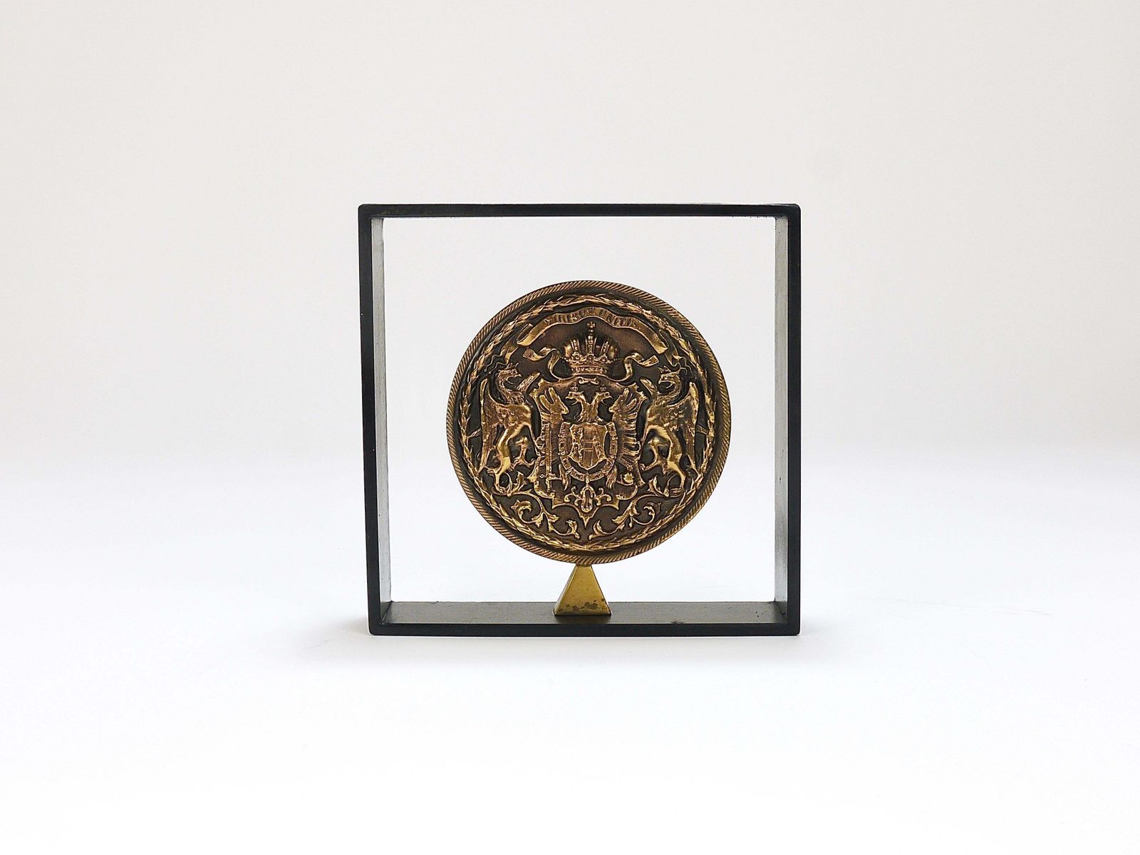 Carl Aubock Iron & Brass Coin Medal Midcentury Bookend, Austria, 1970s photo furniture