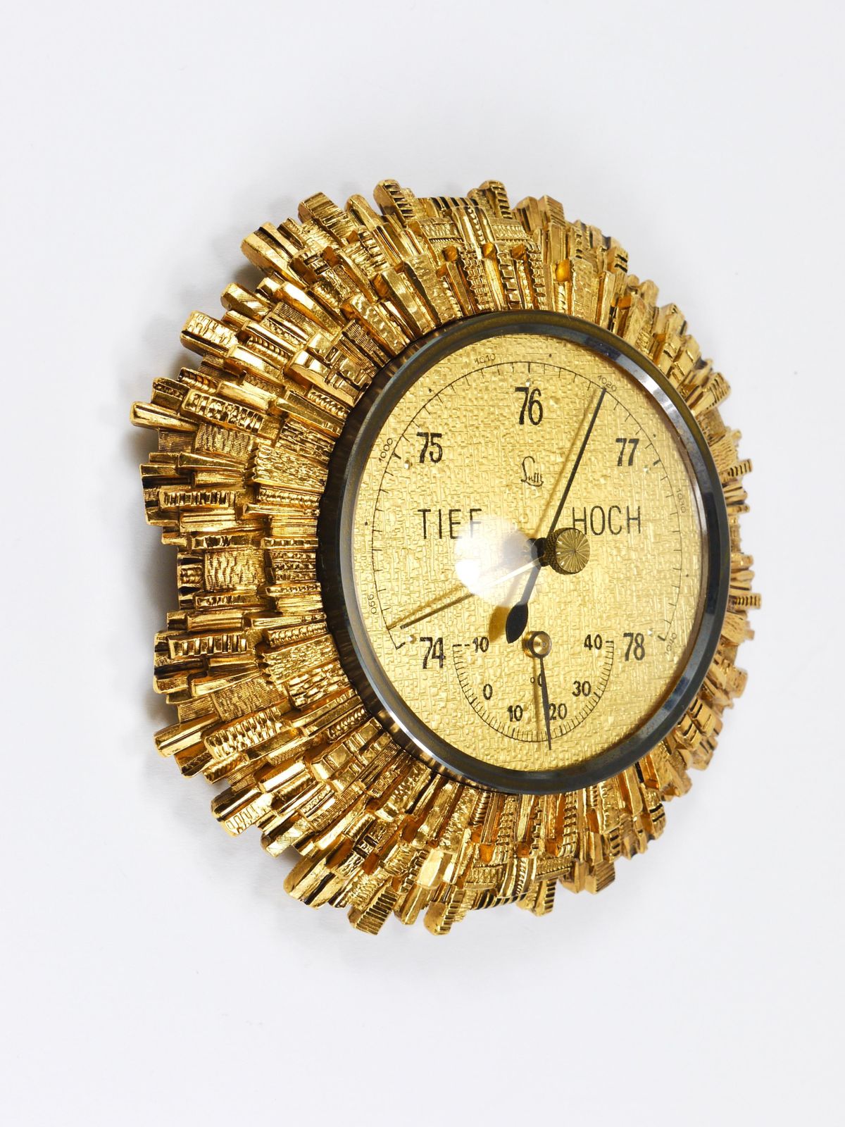 Lufft Sunburst Golden Brass Wall Weather Station, Barometer & Thermometer, 1950s photo for sale