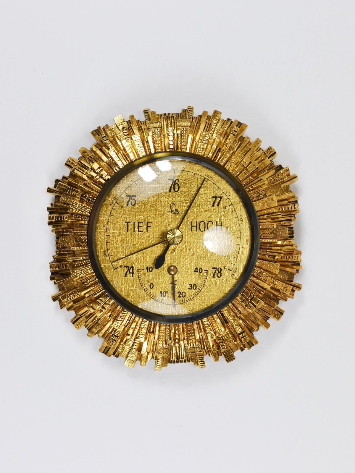 524.0 Lufft Sunburst Golden Brass Wall Weather Station, Barometer & Thermometer, 1950s photo
