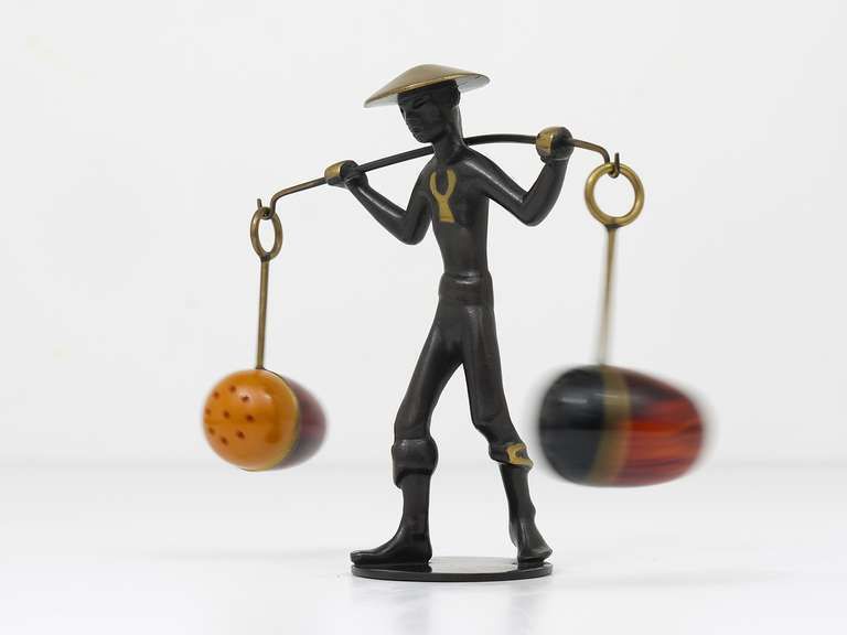 Asian Brass Figurine Salt & Pepper Shakers Set Holder By Rohac, Austria, 1950s photo for sale