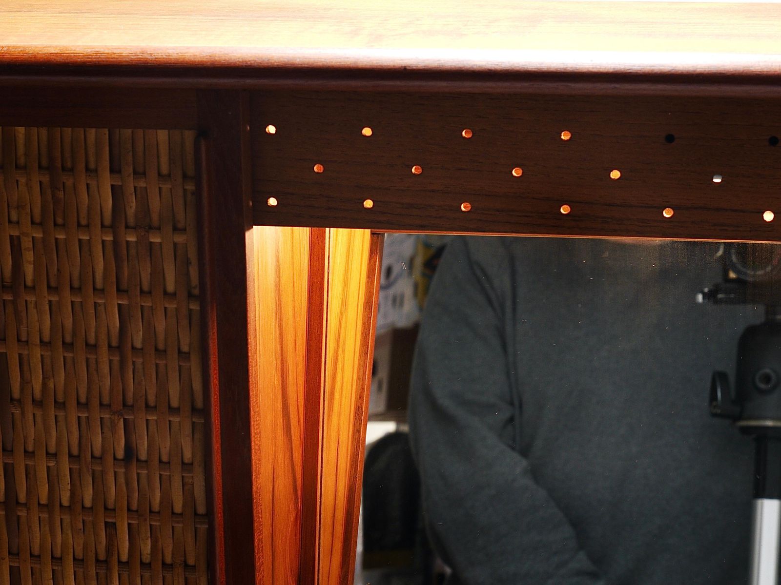 Arne Wahl Iversen Wall Mirror & Shelf Cabinet, Teak & Cane For Brenderup Denmark photo vintage