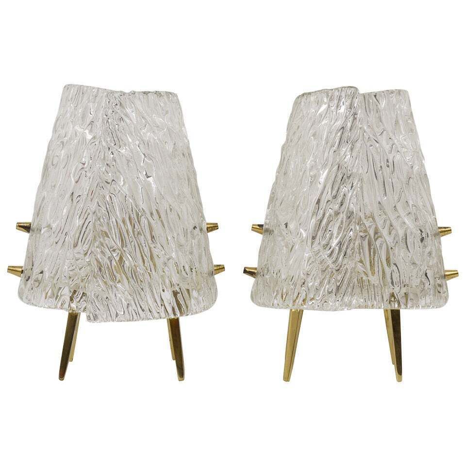 Pair J.T. Kalmar Brass & Textured Glass Mid Century Table Lamps, Austria, 1950s