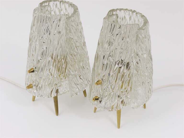 Pair J.T. Kalmar Brass & Textured Glass Mid Century Table Lamps, Austria, 1950s photo Lighting