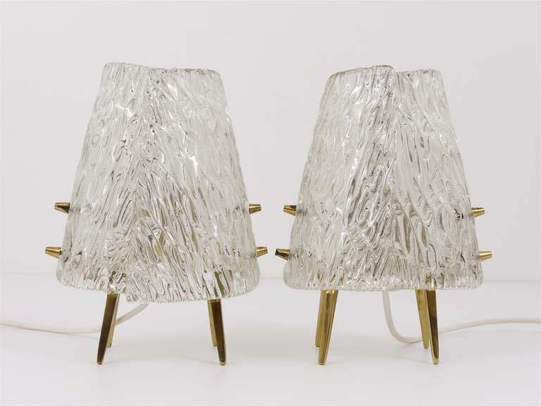 photo furniture Pair J.T. Kalmar Brass & Textured Glass Mid Century Table Lamps, Austria, 1950s