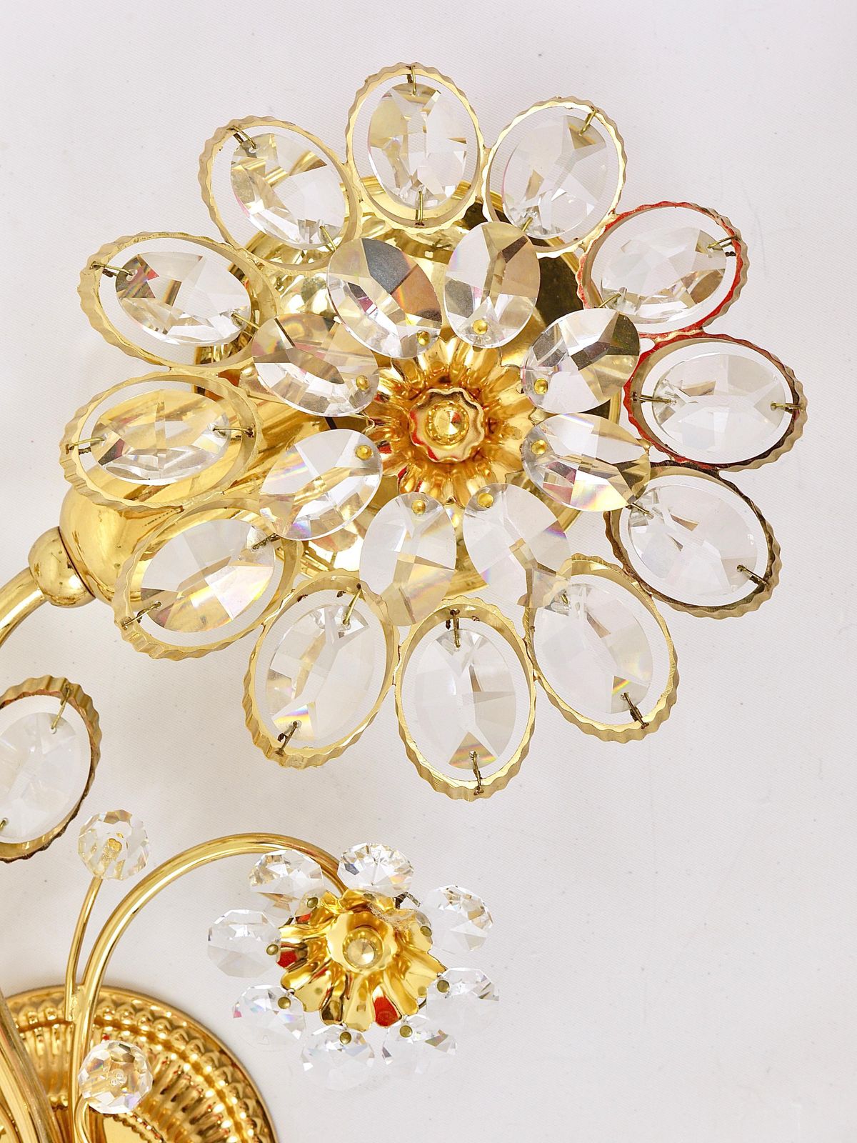 Pair Of Ernst Palme Gilt Brass Crystal Flower Wall Lights, Palwa Germany, 1970s photo Lighting