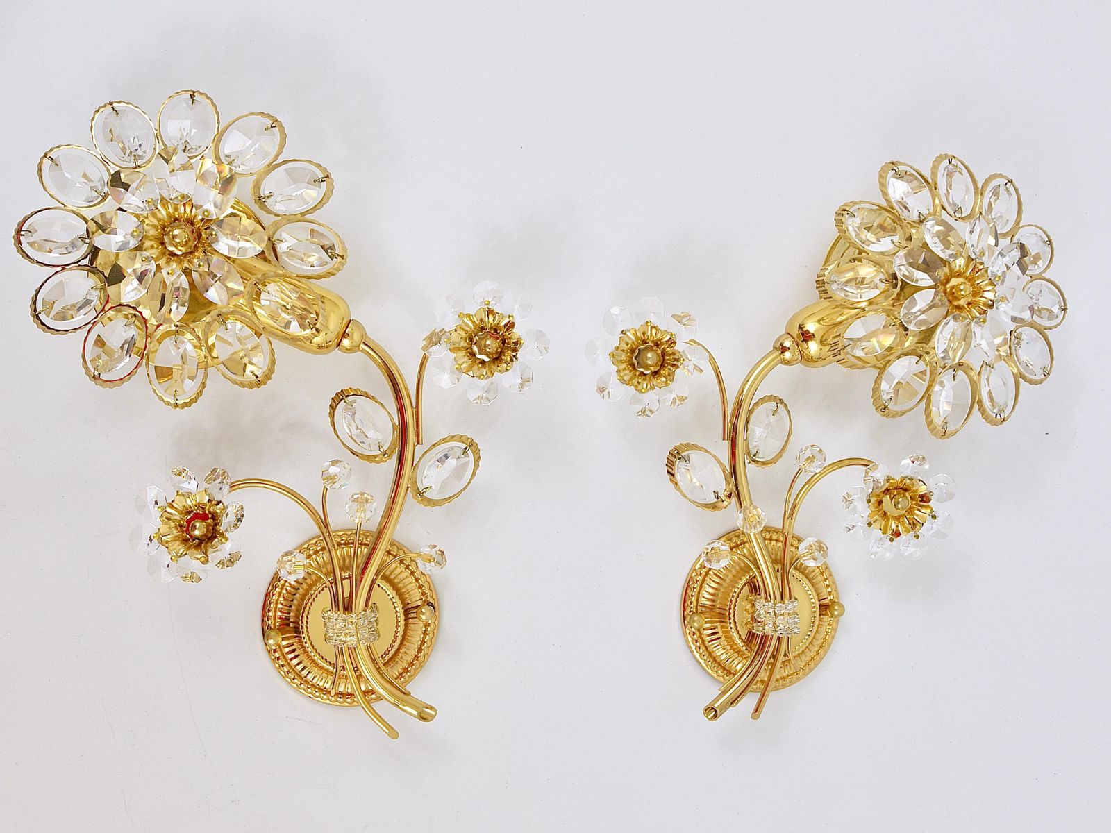 Pair Of Ernst Palme Gilt Brass Crystal Flower Wall Lights, Palwa Germany, 1970s photo buy