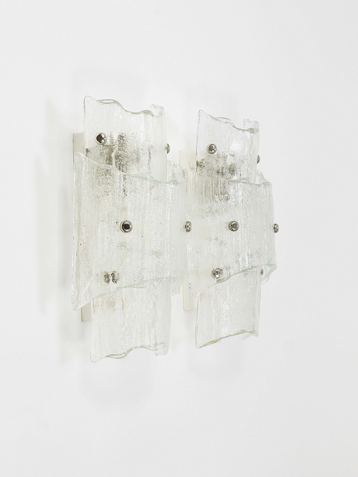 Lighting J.T. Kalmar Vienna Pair Mid Century Frosted Ice Glass Sconces, Austria, 1960s photo