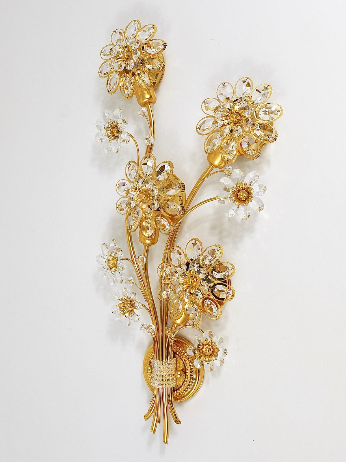 photo furniture Big Ernst Palme Palwa Floral Gilt Brass Crystals Flower Wall Light Sconce, 1970s