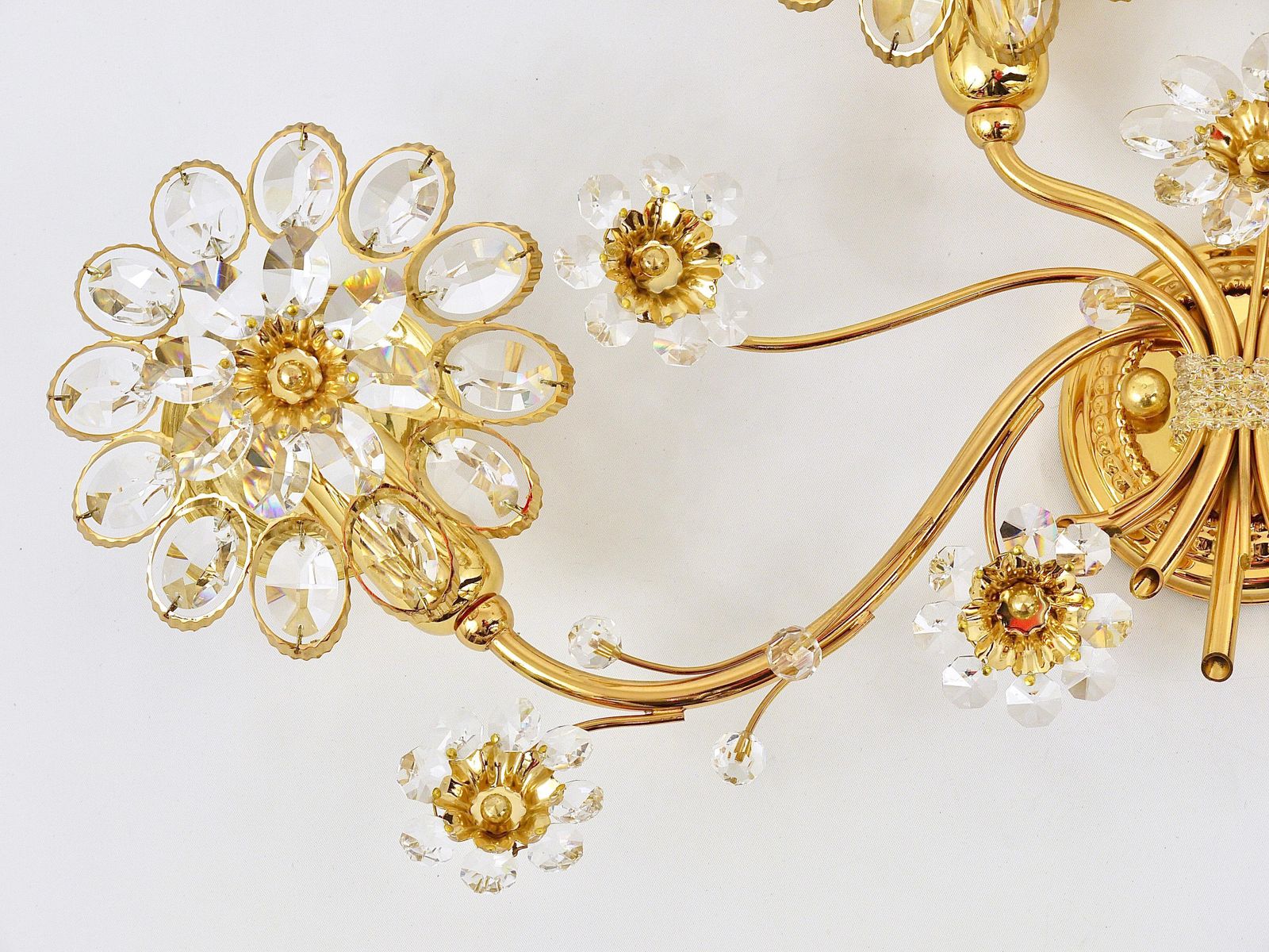 Big Ernst Palme Flowers Brass & Crystals Flower Wall Light Sconce, Palwa, 1970s photo vintage